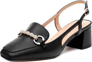 Womens Slingback Pumps, Mid Chunky Heel Square Toe Leather Insole Pumps for Women, Pearl Pump Shoes 2"