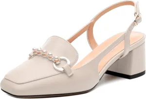 Womens Slingback Pumps, Mid Chunky Heel Square Toe Leather Insole Pumps for Women, Pearl Pump Shoes 2"