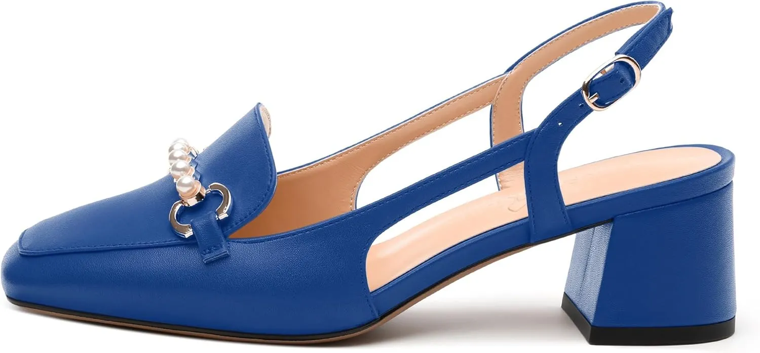 Womens Slingback Pumps, Mid Chunky Heel Square Toe Leather Insole Pumps for Women, Pearl Pump Shoes 2"