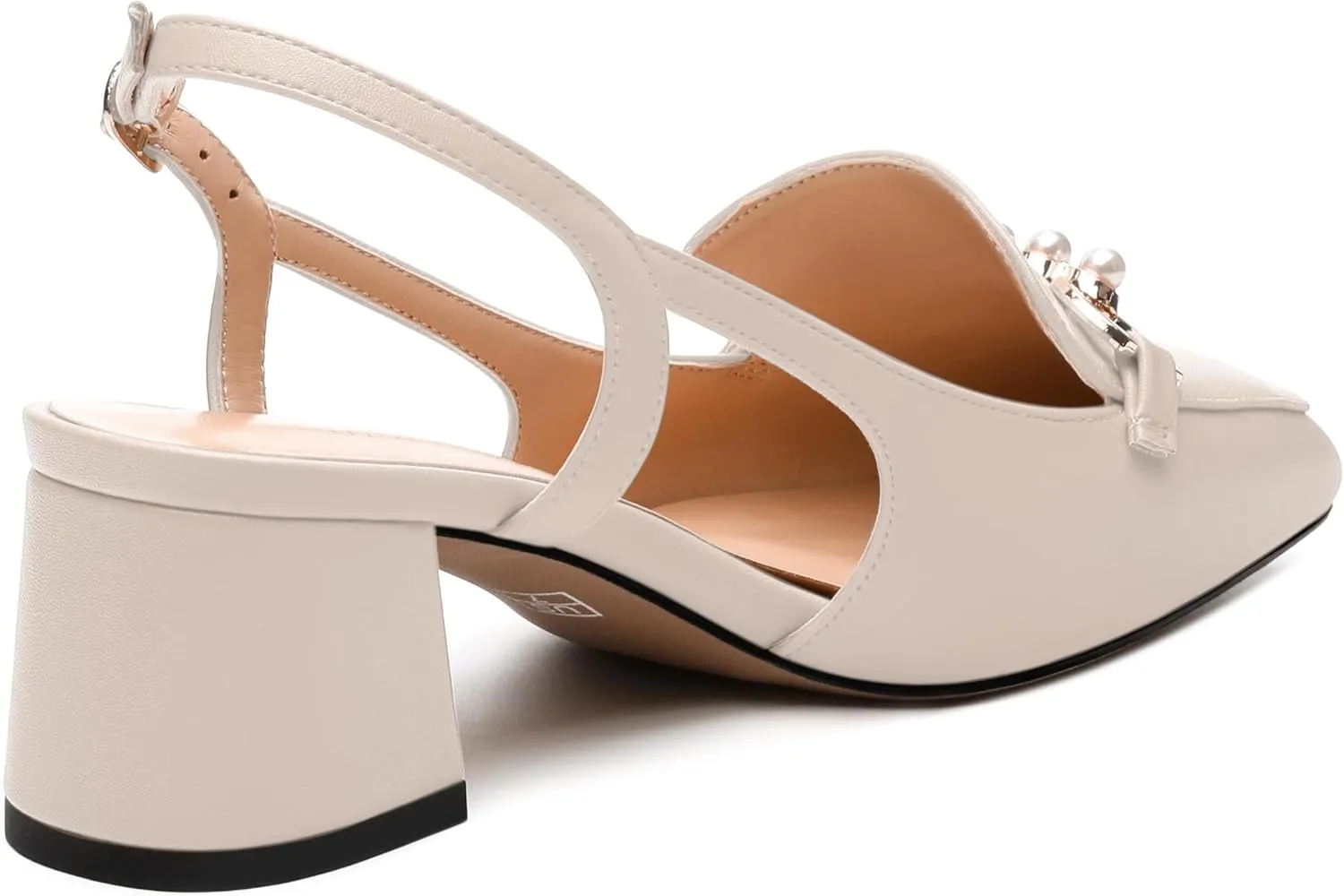 Womens Slingback Pumps, Mid Chunky Heel Square Toe Leather Insole Pumps for Women, Pearl Pump Shoes 2"