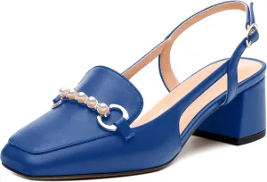 Womens Slingback Pumps, Mid Chunky Heel Square Toe Leather Insole Pumps for Women, Pearl Pump Shoes 2"