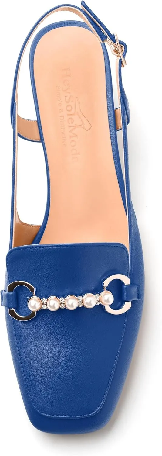 Womens Slingback Pumps, Mid Chunky Heel Square Toe Leather Insole Pumps for Women, Pearl Pump Shoes 2"