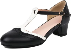 Womens T Strap Heel Vintage Closed Toe Dress Shoes Wingtip Chunky High Heels Mary Jane Pumps