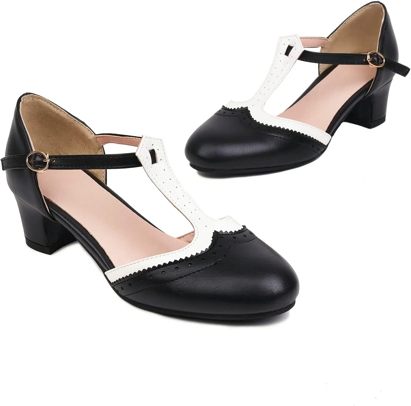 Womens T Strap Heel Vintage Closed Toe Dress Shoes Wingtip Chunky High Heels Mary Jane Pumps