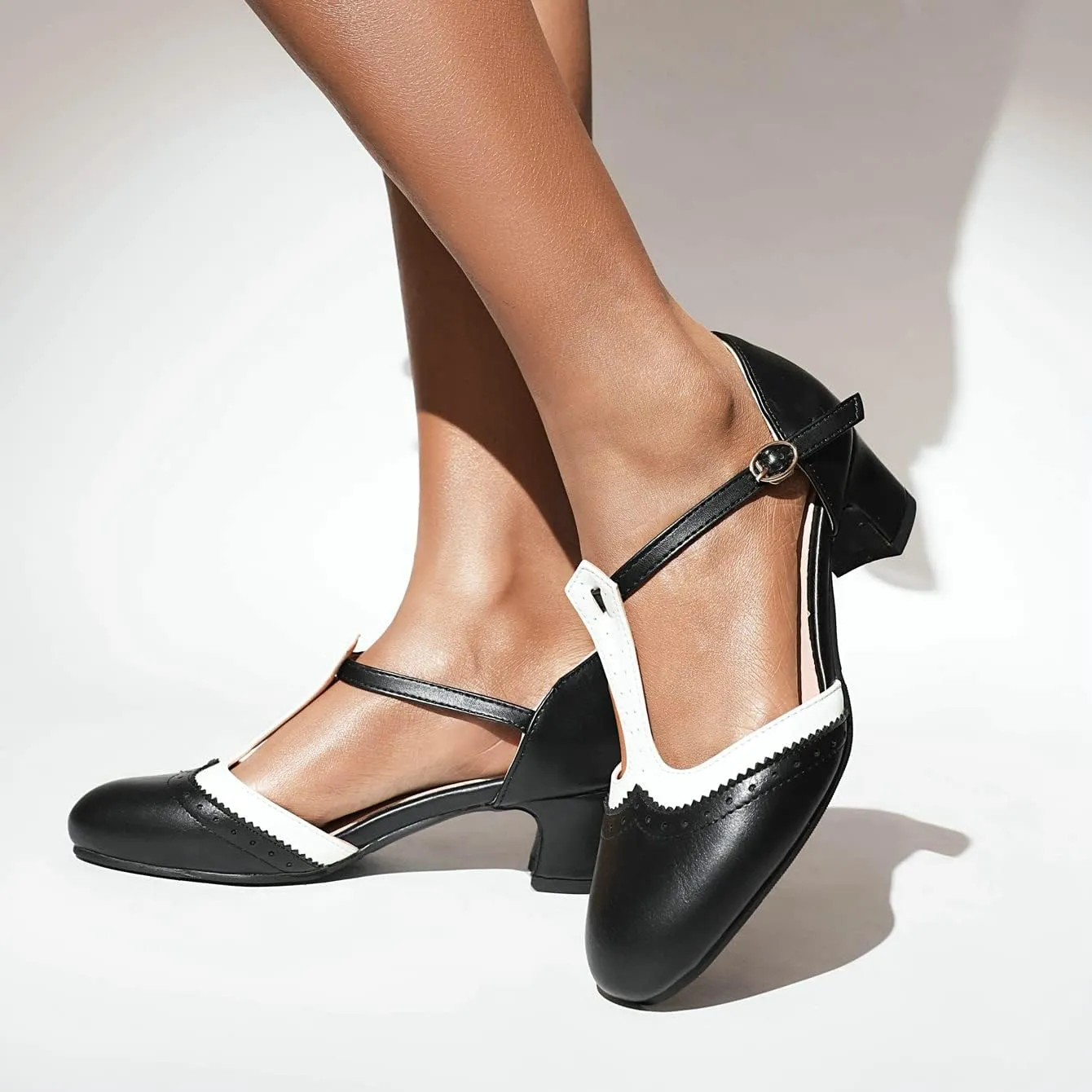 Womens T Strap Heel Vintage Closed Toe Dress Shoes Wingtip Chunky High Heels Mary Jane Pumps