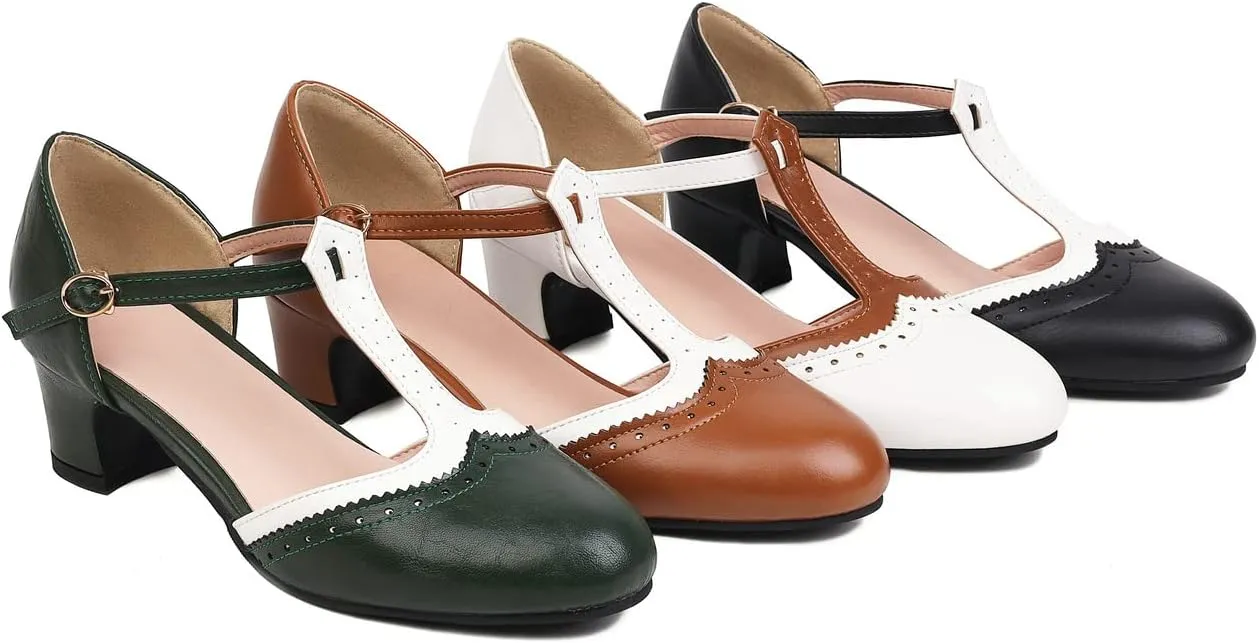 Womens T Strap Heel Vintage Closed Toe Dress Shoes Wingtip Chunky High Heels Mary Jane Pumps