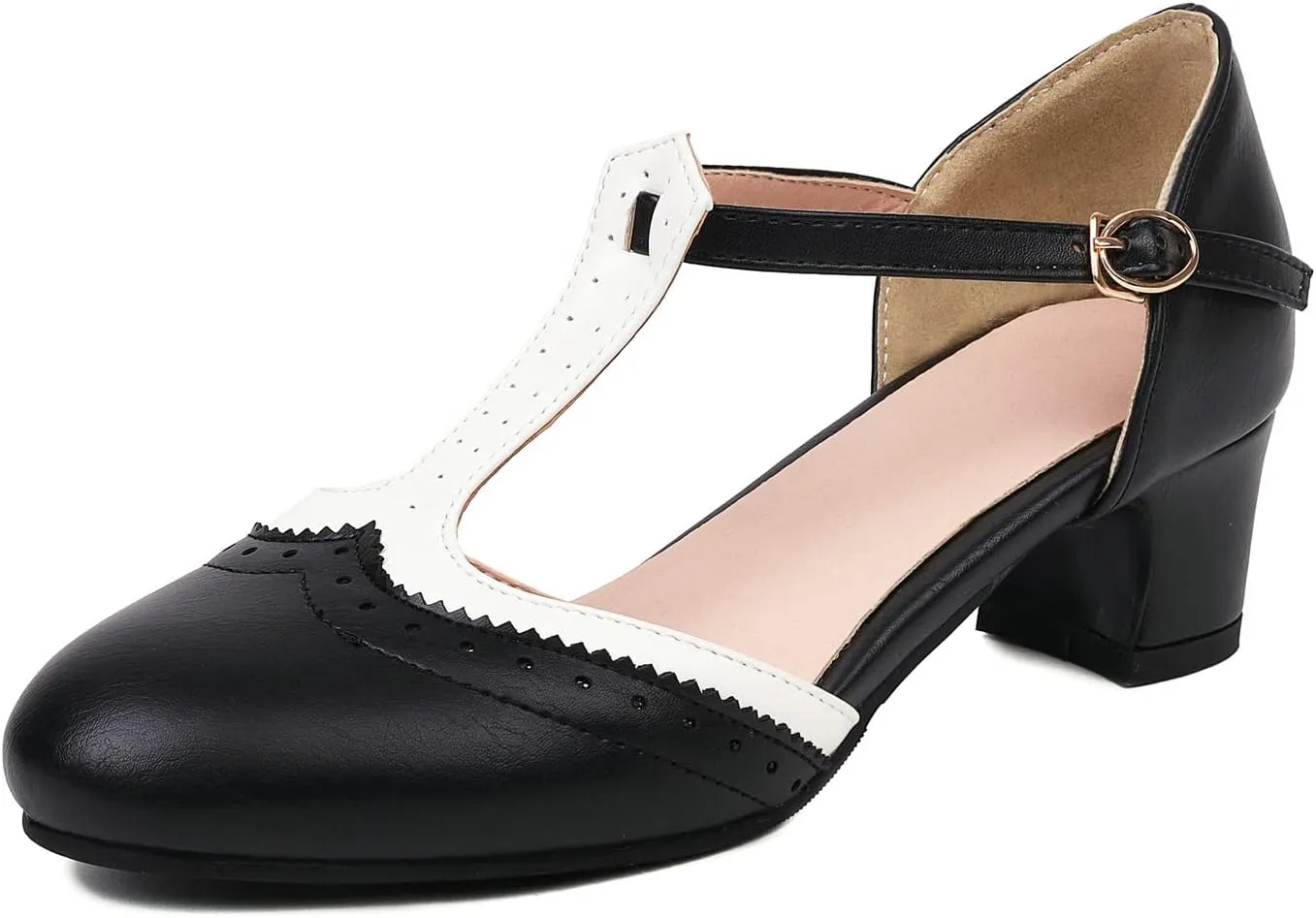 Womens T Strap Heel Vintage Closed Toe Dress Shoes Wingtip Chunky High Heels Mary Jane Pumps